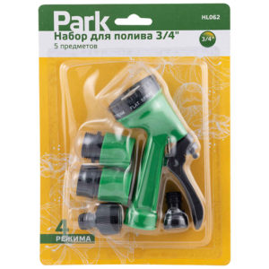 Набор для полива 5 предметов (пистолет 4 режима, соединители 3/4", адаптеры) Park HL062 Набор для полива 5 предметов (пистолет 4 режима, соединители 3/4", адаптеры) Park HL062